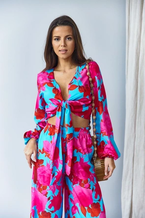 Zestaw wiązana bluzka i szerokie spodnie niebieski (8175)