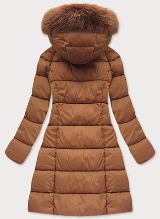 Długa pikowana kurtka damska zimowa z kapturem ruda (7751BIG)