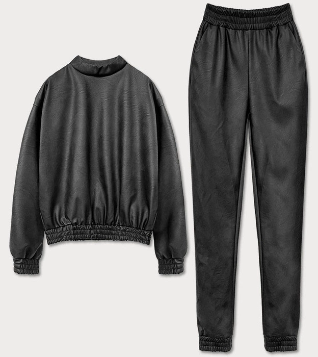 ELEGANCKI KOMPLET DAMSKI BLUZKA + SPODNIE EKOSKÓRA CZARNY (666ART)