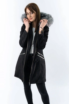 ZAMSZOWA DAMSKA KURTKA ZIMOWA Z KAPTUREM CZARNA (6516)