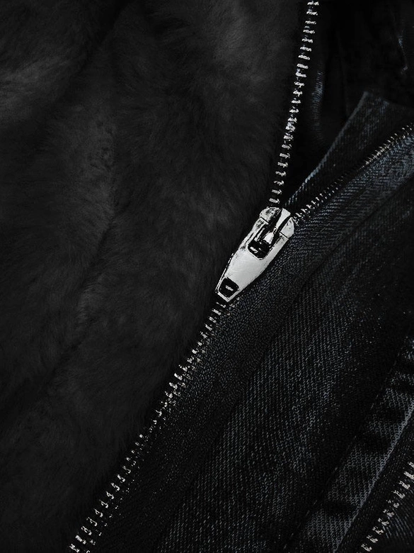 DAMSKA KRÓTKA KURTKA JEANSOWA Z FUTRZANĄ PODPINKĄ CZARNA (T2866)