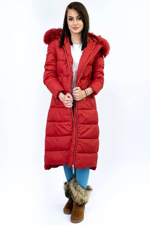 Długa damska kurtka zimowa z kapturem czerwona (7688)