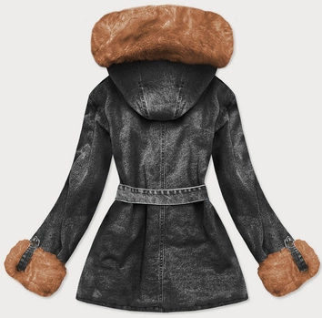 DAMSKA KURTKA JEANSOWA Z FUTRZANĄ PODSZEWKĄ CZARNO - KARMELOWA (9026#)