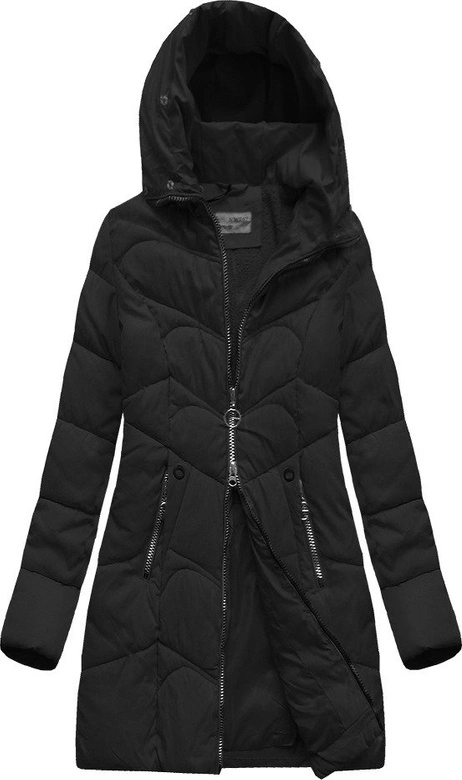 DŁUŻSZA PIKOWANA DAMSKA KURTKA ZIMOWA Z KAPTUREM CZARNA (B2643)