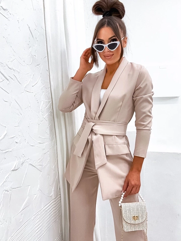 Komplet luźna marynarka + szerokie spodnie beżowy (8167)