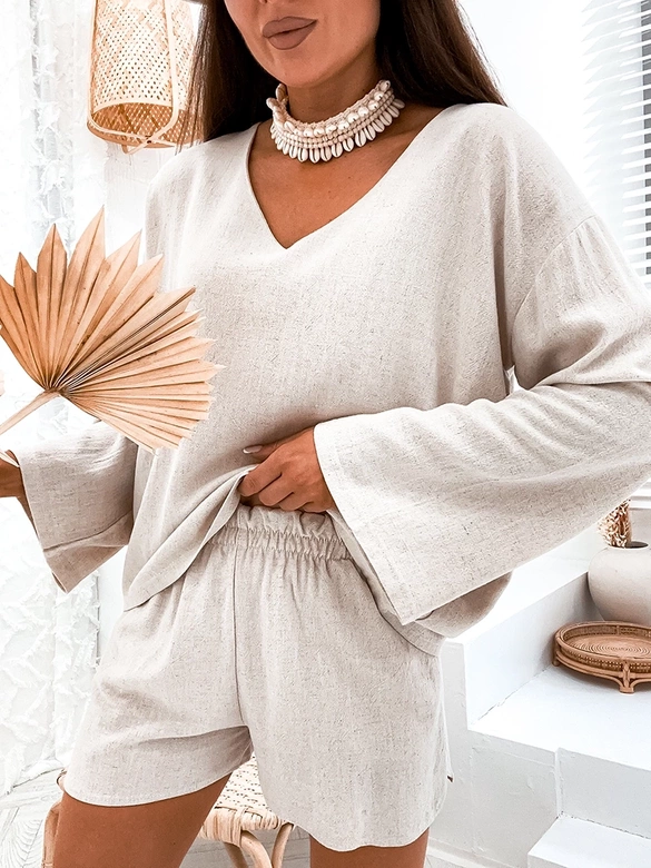 Lniany komplet bluzka oversize i szorty beżowy (752)