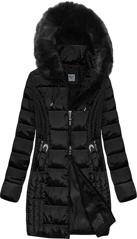 DŁUŻSZA DAMSKA KURTKA Z KAPTUREM CZARNA (B2620-30)