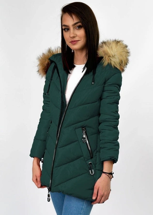 ZIMOWA PIKOWANA KURTKA DAMSKA Z KAPTUREM CIEMNOZIELONA (B2633)