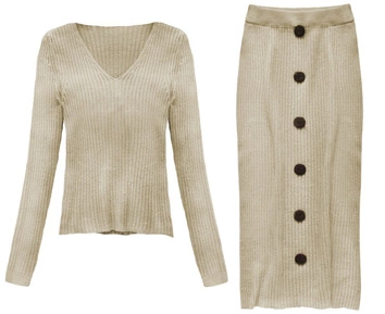 KOMPLET A'LA WEŁNIANY SWETER+SPÓDNICA CIEMNOBEŻOWY (157ART)