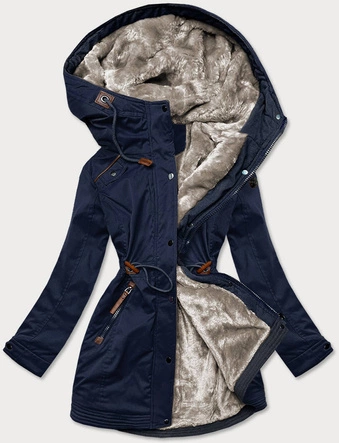 ZIMOWA PARKA DAMSKA Z WSTAWKAMI Z EKOSKÓRY GRANATOWA (M-21A93)