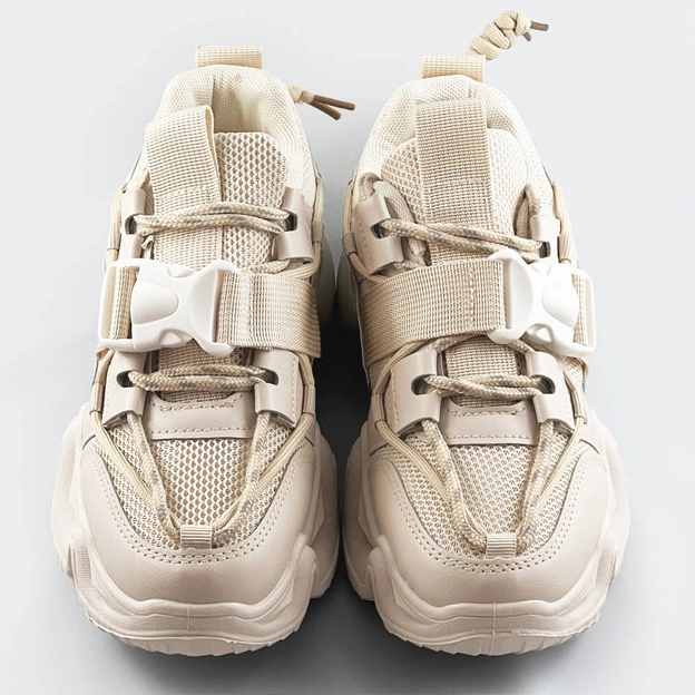 SZNUROWANE SNEAKERSY Z KLAMRĄ BEŻOWE (L8085)