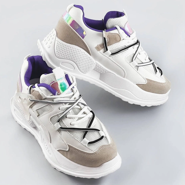 Sneakersy damskie z podwójnymi sznurówkami białe (7001)