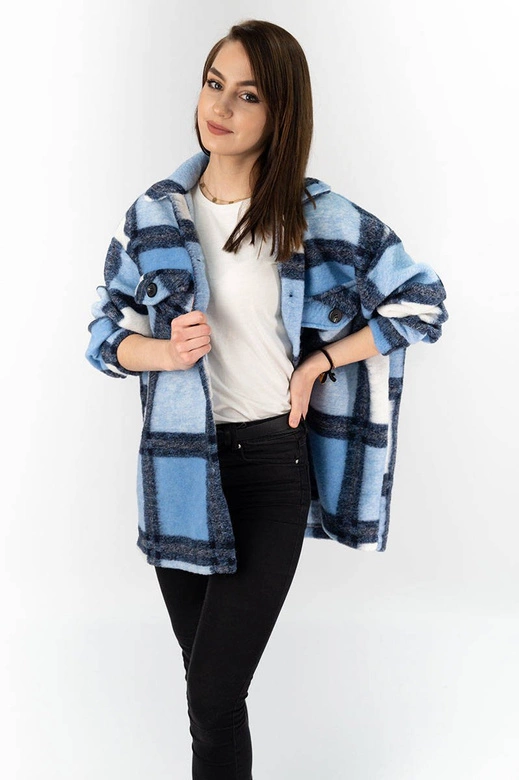 KOSZULOWA DAMSKA KURTKA W KRATĘ NIEBIESKA (623ART)