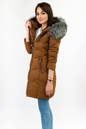 DŁUŻSZA PIKOWANA DAMSKA KURTKA ZIMOWA Z KAPTUREM BRĄZOWA (B2643)