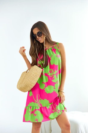 Sukienka z falbaną zielono-różowa (653)