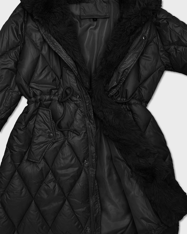 Kurtka z futrzanym kapturem tworzącym kołnierz czarna (T3-2635#-1)