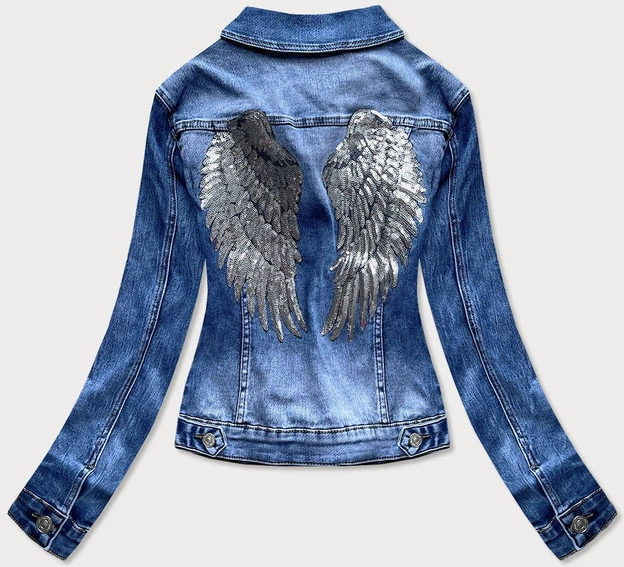 KRÓTKA DAMSKA KURTKA JEANSOWA Z CEKINAMI NIEBIESKA (5822-K)