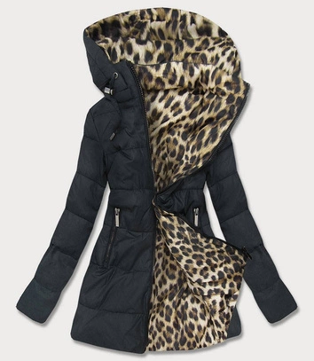 DWUSTRONNA KURTKA DAMSKA Z KAPTUREM CZARNA W PANTERKĘ (W352)