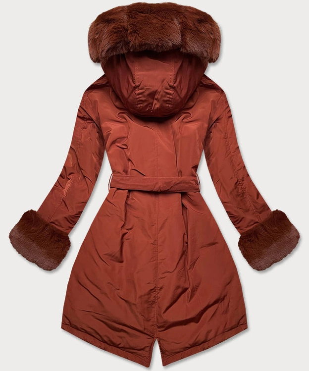Zimowa kurtka damska z paskiem ceglana (f7039-5)