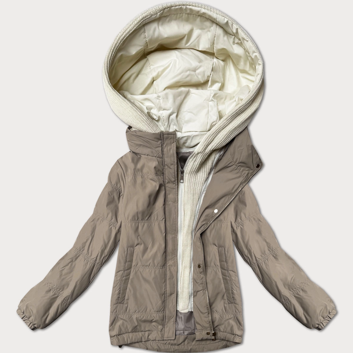 Damska kurtka z ozdobnym kapturem Miss TiTi ciemny beż (3295)