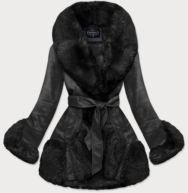 ELEGANCKA KURTKA SKÓRZANA Z FUTRZANYM KOŁNIERZEM CZARNA (FL202018)