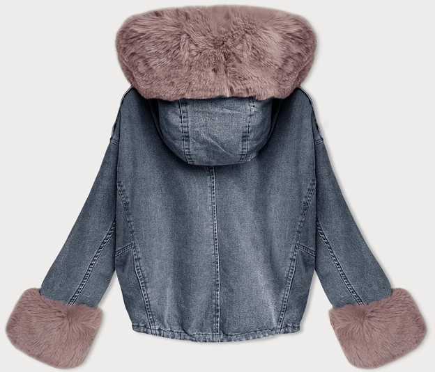 Krótka damska kurtka jeansowa na futrzanej podpince S'West niebieski/różowy (B8047-50081)