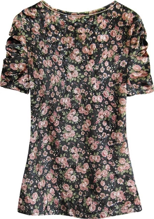 WELUROWA BLUZKA W KWIATY CZARNO-ŁOSOSIOWA (3682/3)
