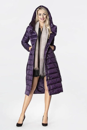 PIKOWANY PŁASZCZ Z WYSOKĄ STÓJKĄ I KAPTUREM FIOLETOWY (J9-069)