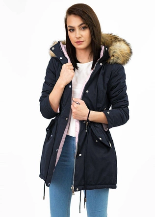Dwustronna damska kurtka zimowa z kapturem granatowo-różowa (w211)
