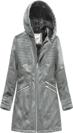 ZAMSZOWA DAMSKA KURTKA ZIMOWA Z KAPTUREM SZARA (6516BIG)