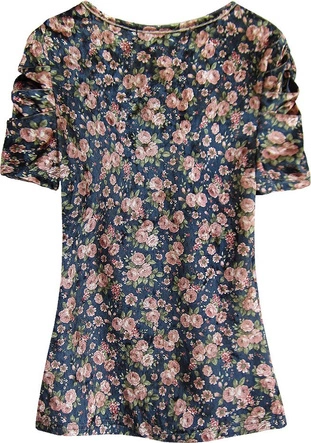WELUROWA BLUZKA W KWIATY GRANATOWO-ŁOSOSIOWA (3682/4)