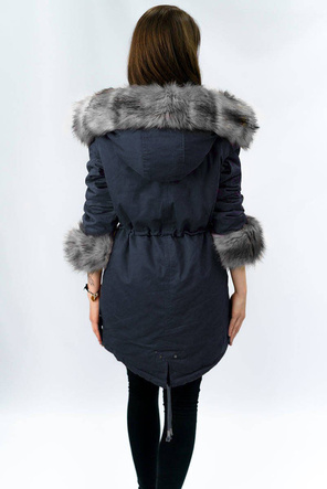 BAWEŁNIANA DAMSKA PARKA ZIMOWA Z FUTREM GRANATOWA (XW801-5X)