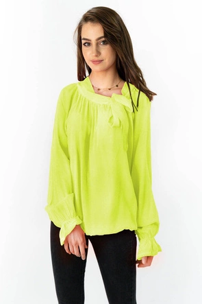 BAWEŁNIANA BLUZKA Z WIĄZANĄ STÓJKĄ NEONOWY ŻÓŁTY (298ART)