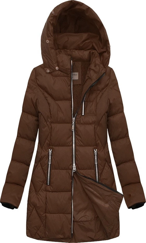 PIKOWANA DAMSKA KURTKA ZIMOWA Z KAPTUREM BRĄZOWA (B2644)