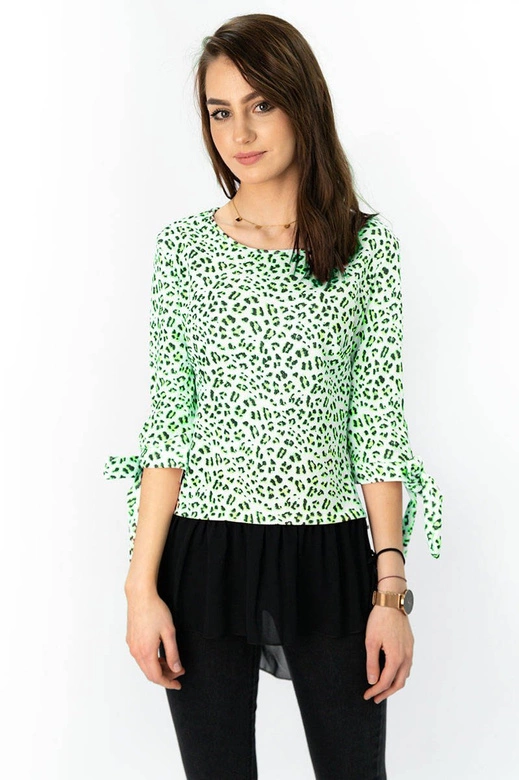 BLUZKA W PANTERKĘ Z FALBANĄ LIMONKOWA (244ART)