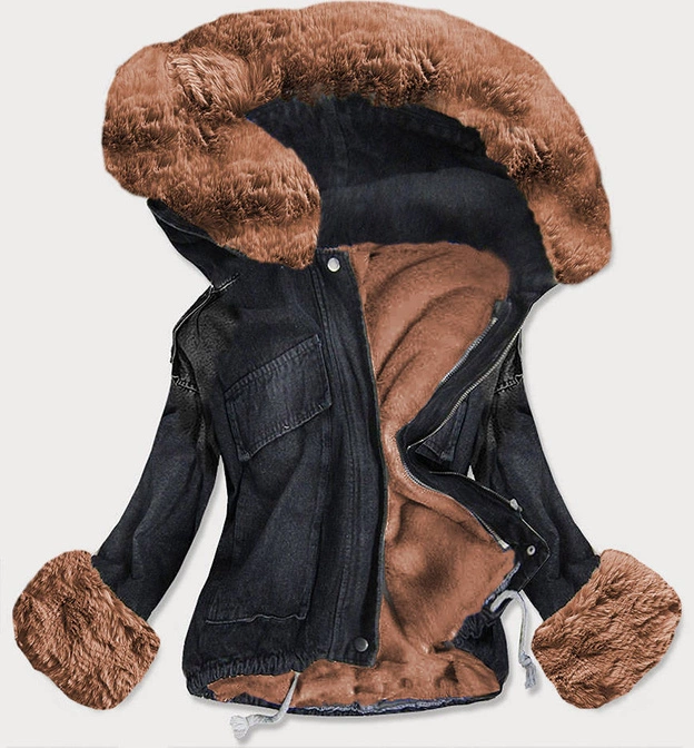 DAMSKA  KURTKA JEANSOWA Z FUTRZANĄ PODPINKĄ CZARNO - BRĄZOWA (9023#)