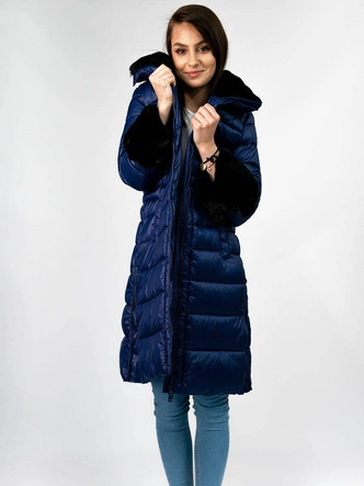 DŁUŻSZA DAMSKA PIKOWANA KURTKA ZIMOWA GRANATOWA (J19-017)