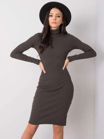  Dopasowana sukienka w prążki z golfem Rue Paris ciemny khaki (5133)