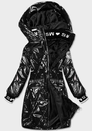 BŁYSZCZĄCA KURTKA DAMSKA ZE ŚCIĄGACZAMI CZARNA (B9792-1)