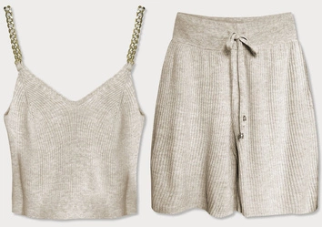 DZIANINOWY KOMPLET TOP + SZORTY BEŻOWY (798)