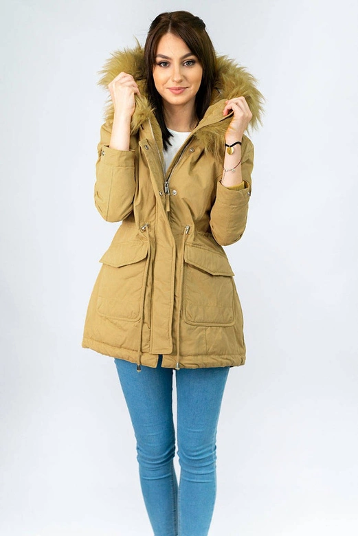 Damska zimowa parka z kapturem musztardowa (7617)