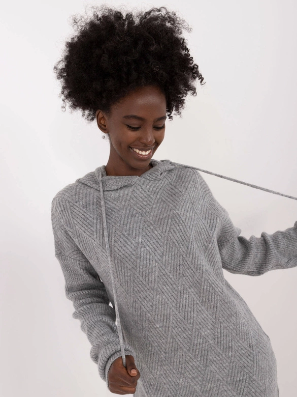 Dzianinowa sukienka z kapturem szara (0582)