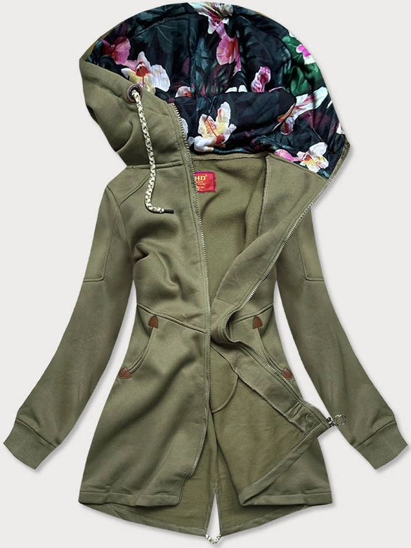 DŁUGA DAMSKA BLUZA Z KAPTUREM KHAKI (AMG705)