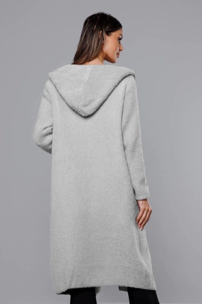 Długa wełniana narzutka alpaka z kapturem jasnoszara (M105-1)