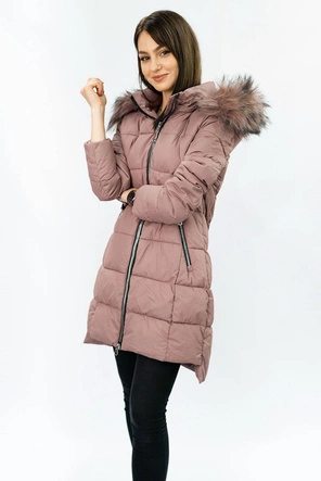 Pikowana damska kurtka zimowa z kapturem antyczny róż (7702)