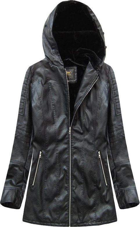 PŁASZCZYK Z EKOSKÓRY Z KAPTUREM CZARNY (5525BIG)