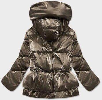 Metaliczna krótka zimowa kurtka damska puffer ciemnozłota (omdl-022)