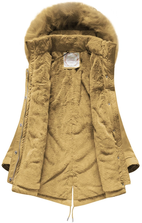 Damska zimowa parka z kapturem musztardowa (7617)