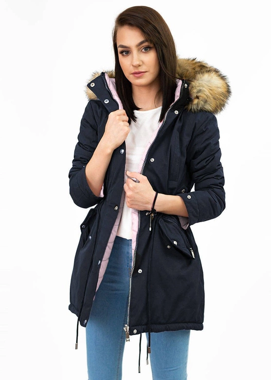 Dwustronna damska kurtka zimowa z kapturem granatowo-różowa (w211)