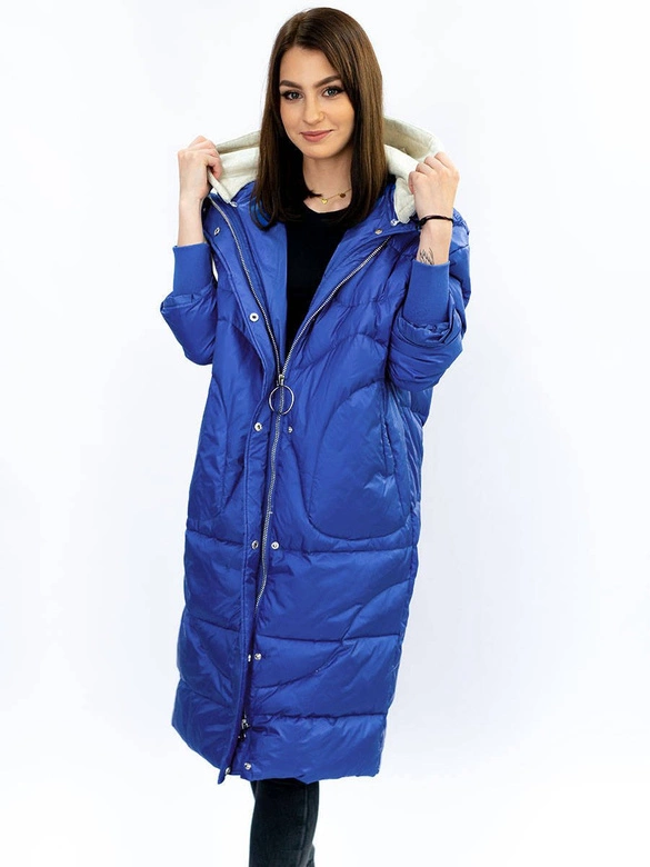 ZIMOWY PŁASZCZ DAMSKI OVERSIZE Z PUCHEM NATURALNYM NIEBIESKI (17127)